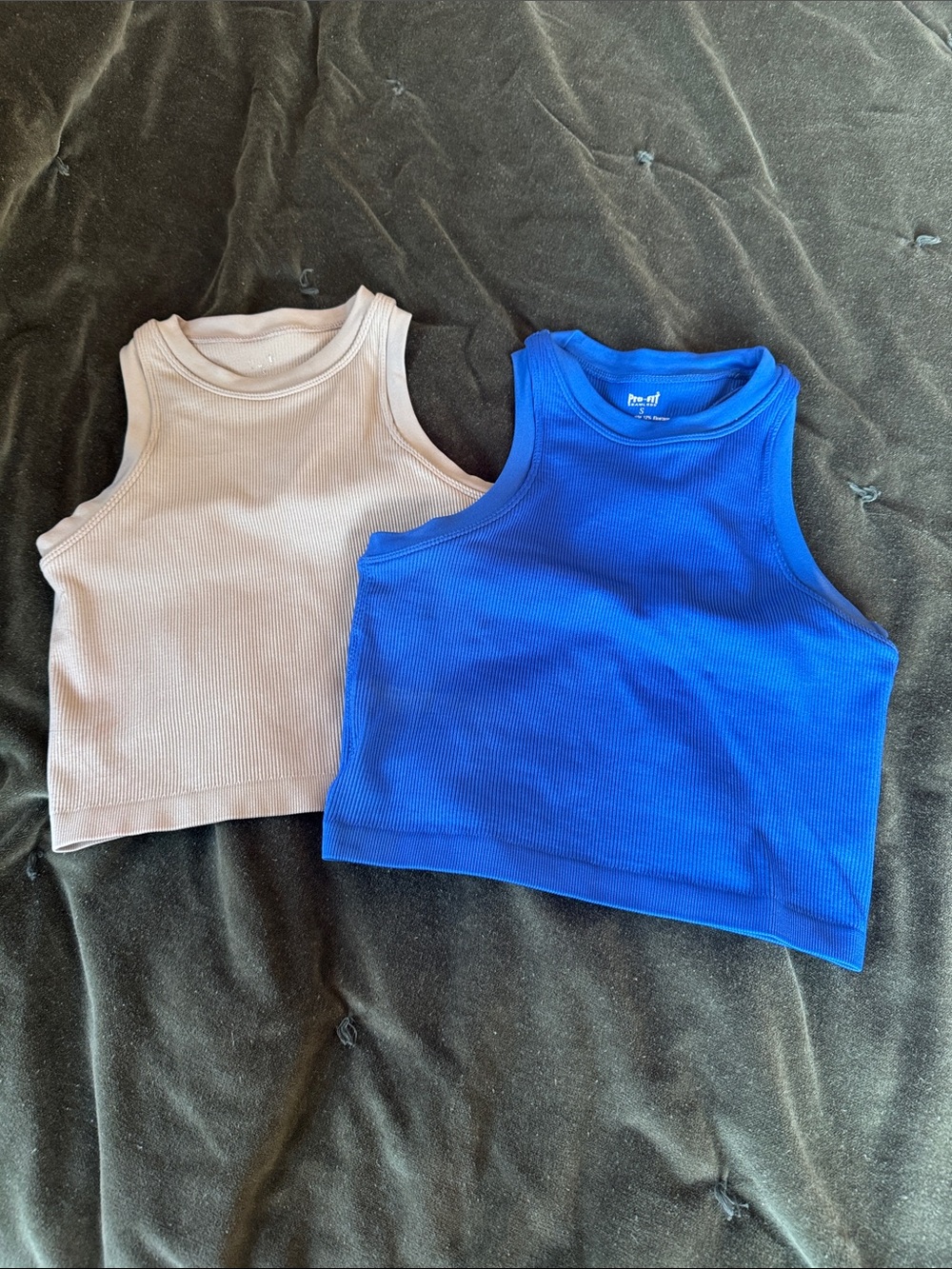 Ribbed Crop Tank Top - Blue and Light Tan